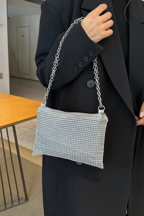'Aya' Metal Chain Rhinestone Crossbody Bag - Celes Fashion